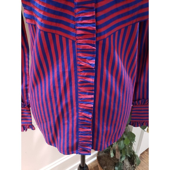 J. Crew Red & Blue Striped Long Sleeve Ruffle Trim Tuxedo Top Blouse XS - Picture 3 of 16